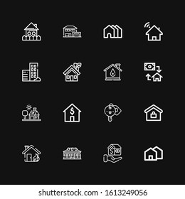 Editable 16 rent icons for web and mobile. Set of rent included icons line House, Mortgage, Real estate, Hotel key, Houses on black background