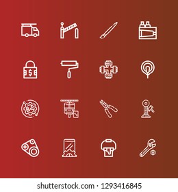 Editable 16 repair icons for web and mobile. Set of repair included icons line Wrench, Paint bucket, Setup, Timing belt, Hammer, Plier, Maintenance, Electrode, Pipe, Paint roller on red