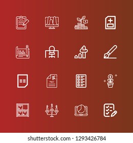 Editable 16 report icons for web and mobile. Set of report included icons line List, Pie chart, Candlestick, Stock, Growth, Test, Exam, Bill, Signature, Chart, Office, Analytics on red