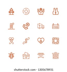 Editable 16 rescue icons for web and mobile. Set of rescue included icons line Hospital, Stretcher, Donation, Lifeboat, Lifesaver, Charity, Emergency sign on white background