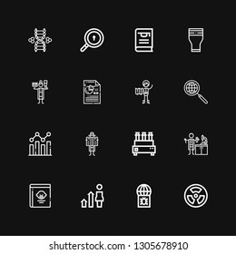 Editable 16 research icons for web and mobile. Set of research included icons line Radiation, Virus, Development, Guide book, Lab technician, Test tube, Detective on black background