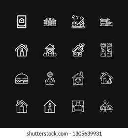 Editable 16 residence icons for web and mobile. Set of residence included icons line Shelter, Window, House, Home, Tower on black background