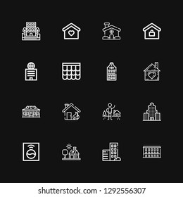 Editable 16 residential icons for web and mobile. Set of residential included icons line Building, Real estate, House, Washing machine, Skyscraper, Shelter on black background