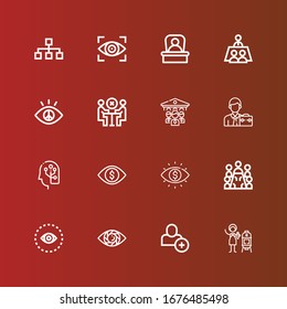 Editable 16 resources icons for web and mobile. Set of resources included icons line Vertical, Add user, Vision, Meeting, Human, Businessman, Organization, Boss, Hierarchy on red