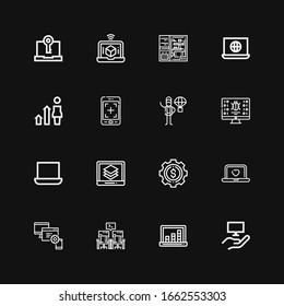 Editable 16 responsive icons for web and mobile. Set of responsive included icons line Computer, Laptop, Devices, Development, Product release, Tablet on black background