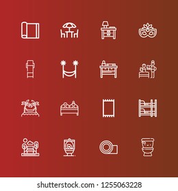 Editable 16 rest icons for web and mobile. Set of rest included icons line Wc, Yoga mat, Bench, Bunk bed, Carpet, Double bed, Hammocks, Bedtime, Nightstand, Hammock, Lounge chair on red