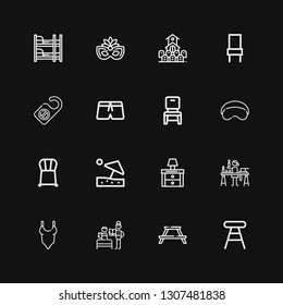 Editable 16 rest icons for web and mobile. Set of rest included icons line Stool, Picnic table, Bedtime, Swimsuit, Candle making, Nightstand, Beach umbrella on black background