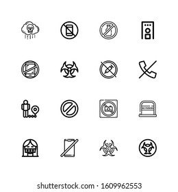 Editable 16 restricted icons for web and mobile. Set of restricted included icons line Biohazard, No phone, Censor, No parking, No photo, Banned, Restriction on white background