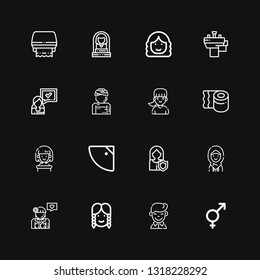 Editable 16 restroom icons for web and mobile. Set of restroom included icons line Genders, Boy, Girl, Woman, Shower, Toilet paper, Basin on black background