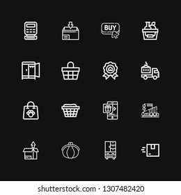 Editable 16 retail icons for web and mobile. Set of retail included icons line Delivery, Wardrobe, Purse, Package, Mall, Online shop, Basket, Shopping bag on black background
