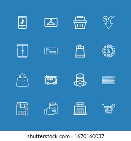 Editable 16 retail icons for web and mobile. Set of retail included icons line Shopping cart, Mall, Receipt, Package, Wardrobe, Cashier, Van, Bag, Dollar, Paper bag on blue background