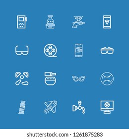 Editable 16 retro icons for web and mobile. Set of retro included icons line Television, Beer tap, Rocket, Pisa, Baseball, Glasses, Standing bell, Pinball, Sunglasses on blue background