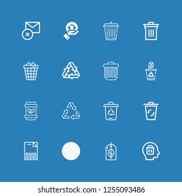 Editable 16 reuse icons for web and mobile. Set of reuse included icons line Delete, Recyclable, Recycling, Recycling bin, Trash bin, Recycle, Waste, Trash on blue background