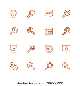 Editable 16 review icons for web and mobile. Set of review included icons line Magnifier, Zoom out, Search, Rate, Recommendation, Evaluation, Review, Searching on white background