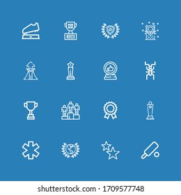 Editable 16 reward icons for web and mobile. Set of reward included icons line Cricket, Stars, Award, Star, Prize, Winning, Trophy, Success, Seal, Winner on blue background