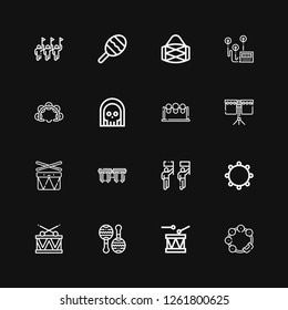 Editable 16 rhythm icons for web and mobile. Set of rhythm included icons line Tambourine, Drum, Maracas, Parade, Bongos, Drums, Death, Heart rate, Maraca on black background
