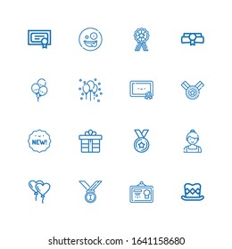 Editable 16 ribbon icons for web and mobile. Set of ribbon included icons line Top hat, Diploma, Medals, Balloon, Ballerina, Medal, Gift, New, Certification on white background