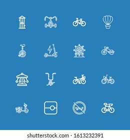 Editable 16 ride icons for web and mobile. Set of ride included icons line Bike, Skateboard, Slide, Scooter, Bicycle, Ride, Motorbike, Ferris wheel, Unicycle on blue background