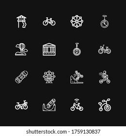 Editable 16 ride icons for web and mobile. Set of ride included icons line Bicycle, Skateboard, Bike, Bmx, Ferris wheel, Unicycle, Carousel, Hot air balloon on black background