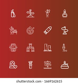 Editable 16 right icons for web and mobile. Set of right included icons line Burner, Sign Post, Arrows, Women rights, Guilt, Vertical align, Bullets, Tilt, Bullet, Check on red