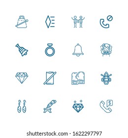 Editable 16 ring icons for web and mobile. Set of ring included icons line Call, Diamond, d printing pen, Earrings, Lifeboat, Boxing gloves, No phone, Bride on white background