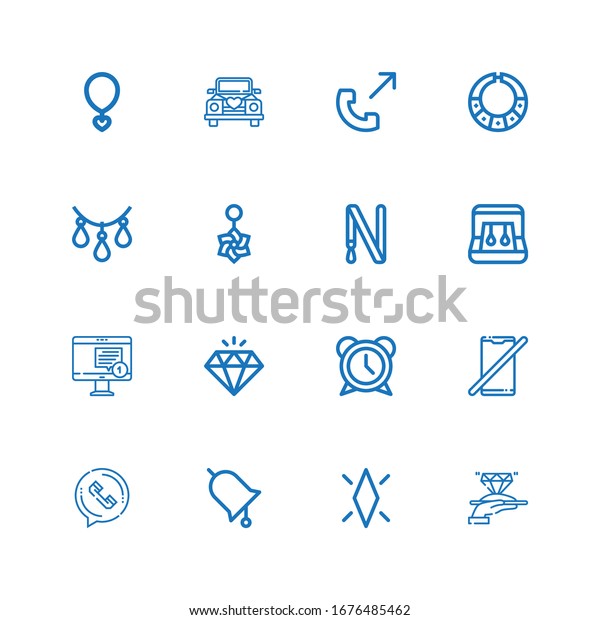 Editable 16 ring\
icons for web and mobile. Set of ring included icons line Diamond,\
Ring, Phone call, No phone, Alarm, Notification, Earrings, Key\
Belly piercing on white\
background