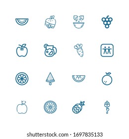Editable 16 ripe icons for web and mobile. Set of ripe included icons line Asparagus, Pineapple, Orange, Apple, Watermelon, Mangosteen, Carrot, Juice, Grape on white background