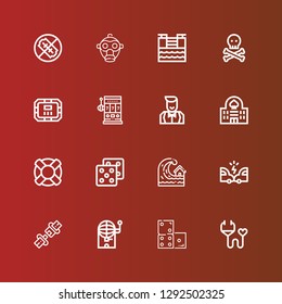 Editable 16 risk icons for web and mobile. Set of risk included icons line Medical insurance, Domino, Bingo, Seat belt, Accident, Tsunami, Dice, Lifesaver, Casino, Croupier on red