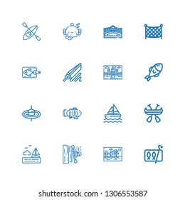 Editable 16 river icons for web and mobile. Set of river included icons line Sardines, Landscape, Kayak, Sea, Canoe, Sailboat, Clown fish, Fishing rod, Fish on white background