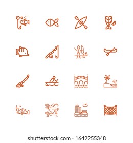 Editable 16 river icons for web and mobile. Set of river included icons line Fishing net, Park, Desert, Fishing, Sea, Bridge, Rowing, Fishing rod, Canoe, Ice on white background