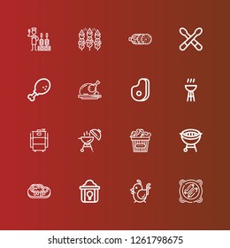 Editable 16 roast icons for web and mobile. Set of roast included icons line Bbq, Chicken, Fried chicken, Steak, Barbecue, Meat, Roast chicken, Chicken leg, Drumsticks on red