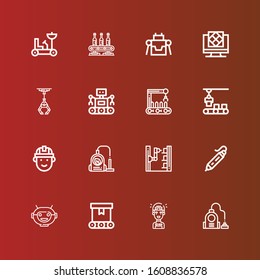 Editable 16 robot icons for web and mobile. Set of robot included icons line Vacuum, Artificial intelligence, Conveyor, Robot mask, d printing pen, arm, Engineering on red