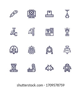 Editable 16 robot icons for web and mobile. Set of robot included icons line Space robot, Space invaders, Arm, arm, Toy, Artificial intelligence on white background