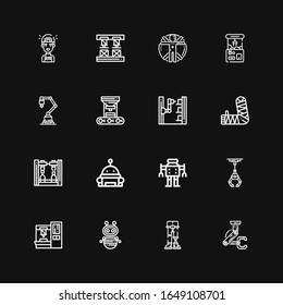 Editable 16 robotic icons for web and mobile. Set of robotic included icons line Robot, Robotics, Robot arm, Industrial robot, Arm, Claw machine, Transhumanism on black background