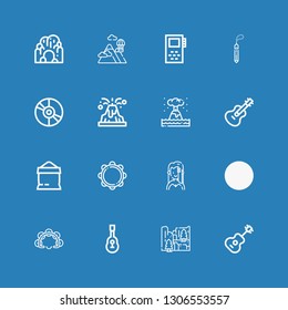 Editable 16 rock icons for web and mobile. Set of rock included icons line Guitar, Cliff, Tambourine, Singer, Sugar, Eruption, Volcano, Vinyl, Stone, Record on blue background