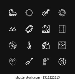 Editable 16 rock icons for web and mobile. Set of rock included icons line DJ, Pop singer, Electric guitar, Plectrum, Turntable, Cave, Guitar, Record, Cajon on black background