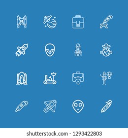Editable 16 rocket icons for web and mobile. Set of rocket included icons line d printing pen, Alien, Rocket, Product release, Portfolio, Moon rover, ship on blue background
