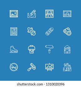 Editable 16 roller icons for web and mobile. Set of roller included icons line Skateboard, Painting, Paint roller, Curtain, Paint bucket, Ice skate, Timing belt on blue background