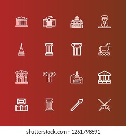 Editable 16 roman icons for web and mobile. Set of roman included icons line Spears, Spear, Column, Museum, Courthouse, Mole antonelliana, Trojan, Statue, Vaticano, Pantheon on red