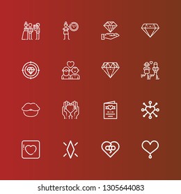 Editable 16 romance icons for web and mobile. Set of romance included icons line Heart, Broken heart, Diamond, Badoo, Wedding invitation, Love, Lips, Couple, Cynicism, Newlyweds on red