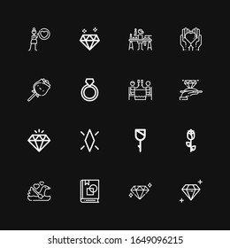 Editable 16 romance icons for web and mobile. Set of romance included icons line Diamond, Art book, Swan, Rose, Romantic dinner, Ring, Love, Candle making on black background