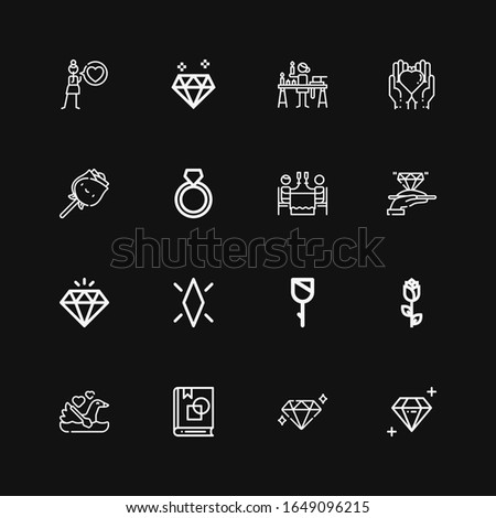 Editable 16 romance icons for web and mobile. Set of romance included icons line Diamond, Art book, Swan, Rose, Romantic dinner, Ring, Love, Candle making on black background