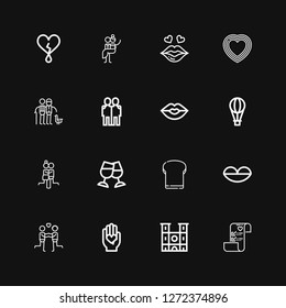 Editable 16 romantic icons for web and mobile. Set of romantic included icons line Wedding plans, Notre dame, Love, Couple, Lips, Toast, Hot air balloon, Kiss on black background