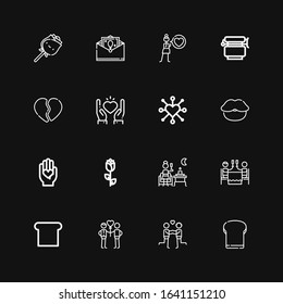 Editable 16 romantic icons for web and mobile. Set of romantic included icons line Toast, Couple, Romantic dinner, Terrace, Rose, Love, Lips, Heart, Broken heart on black background
