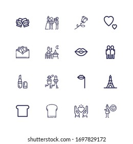 Editable 16 romantic icons for web and mobile. Set of romantic included icons line Heartbreak, Heart, Toast, Eiffel tower, Lips, Couple, Lipstick, Hugging on white background