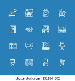 Editable 16 room icons for web and mobile. Set of room included icons line Conference, Chair, Windows, Toilet, Dressing room, Bathtub, Lockers, Bunk bed, Vanity on blue background