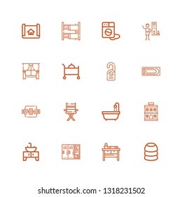 Editable 16 room icons for web and mobile. Set of room included icons line Training, Nightstand, Lockers, Sink, Hotel, Bathtub, Chair, Work table, Bath, Door hanger on white background