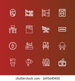Editable 16 Room Icons For Web And Mobile. Set Of Room Included Icons Line Bathroom, Russian Banya, Hotel Key, Wc, Armchair, Night Stand, Bath, Restroom, Tv Table, Stretcher On Red