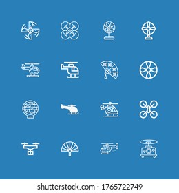 Editable 16 iconos rotores para web y móvil. Conjunto de rotores incluidos línea de iconos Drone, Helicóptero, Ventilador, Hélice, Hélice del motor sobre fondo azul