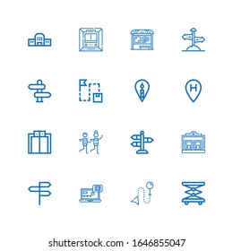 Editable 16 route icons for web and mobile. Set of route included icons line Elevator, Direction, Tracking, Directions, Train, Street, Racing, Location, Route on white background
